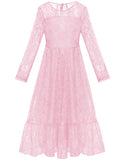 ALLOVIN Girl's Long Sleeve A-Line Lace Maxi Dress Backless Ruffle Hem Flower Girl Party Dress