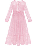 ALLOVIN Girl's Long Sleeve A-Line Lace Maxi Dress Backless Ruffle Hem Flower Girl Party Dress